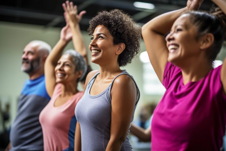 A diverse group of people engaging in various fitness activities, showcasing the importance of staying active and healthy. Generative AI